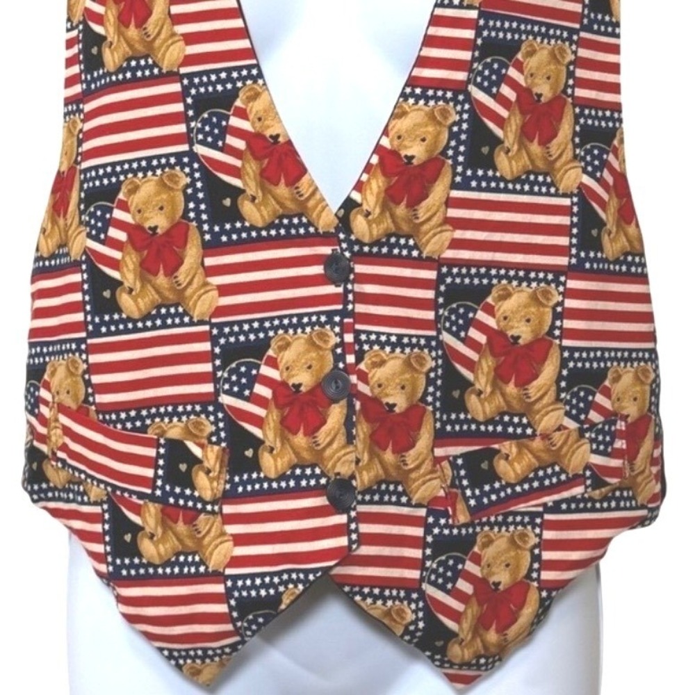 Vintage 90s Vest Womens Medium Teddy Bear Patriotic American Flag Mom Vibes